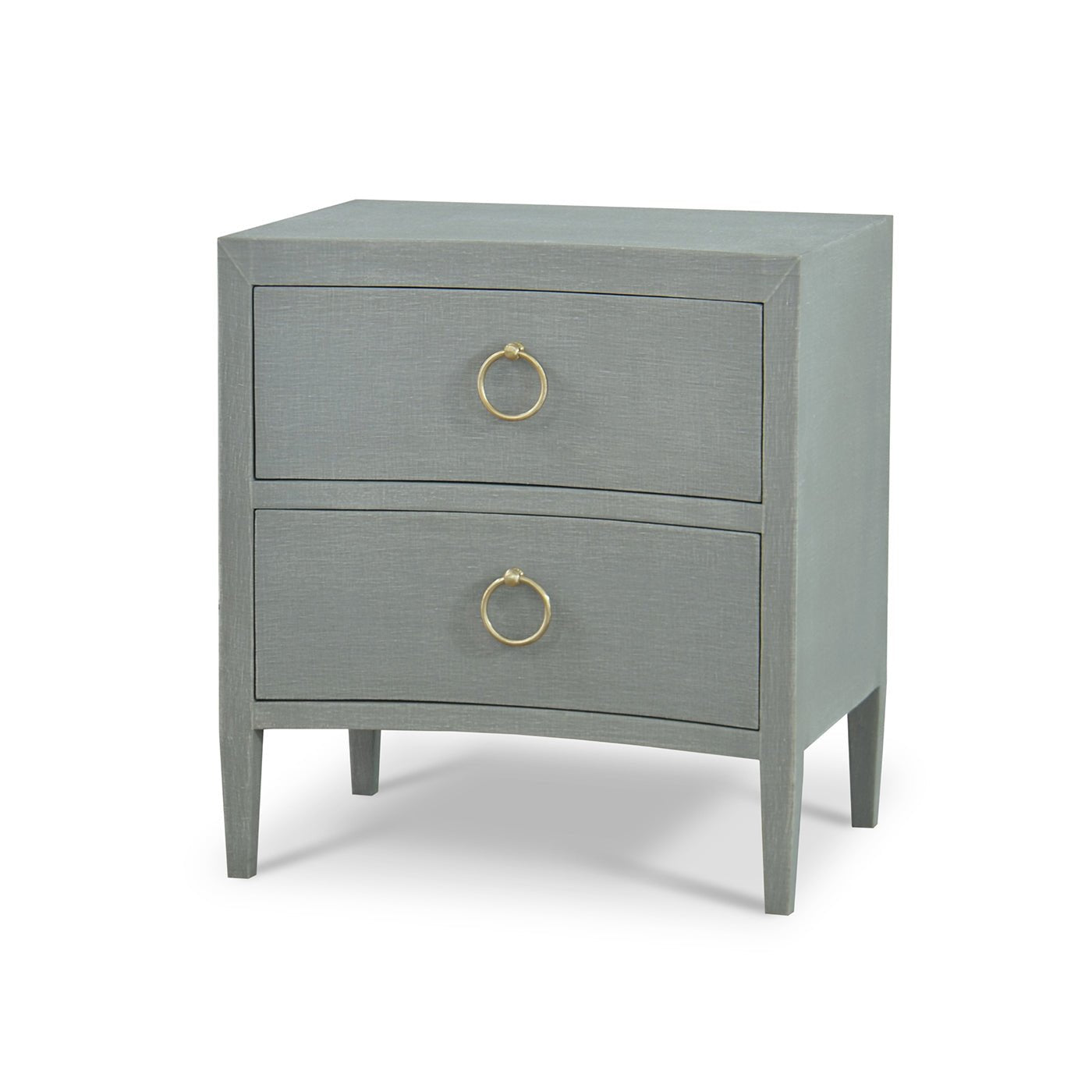 Pale blue nightstand with two drawers, angled view.