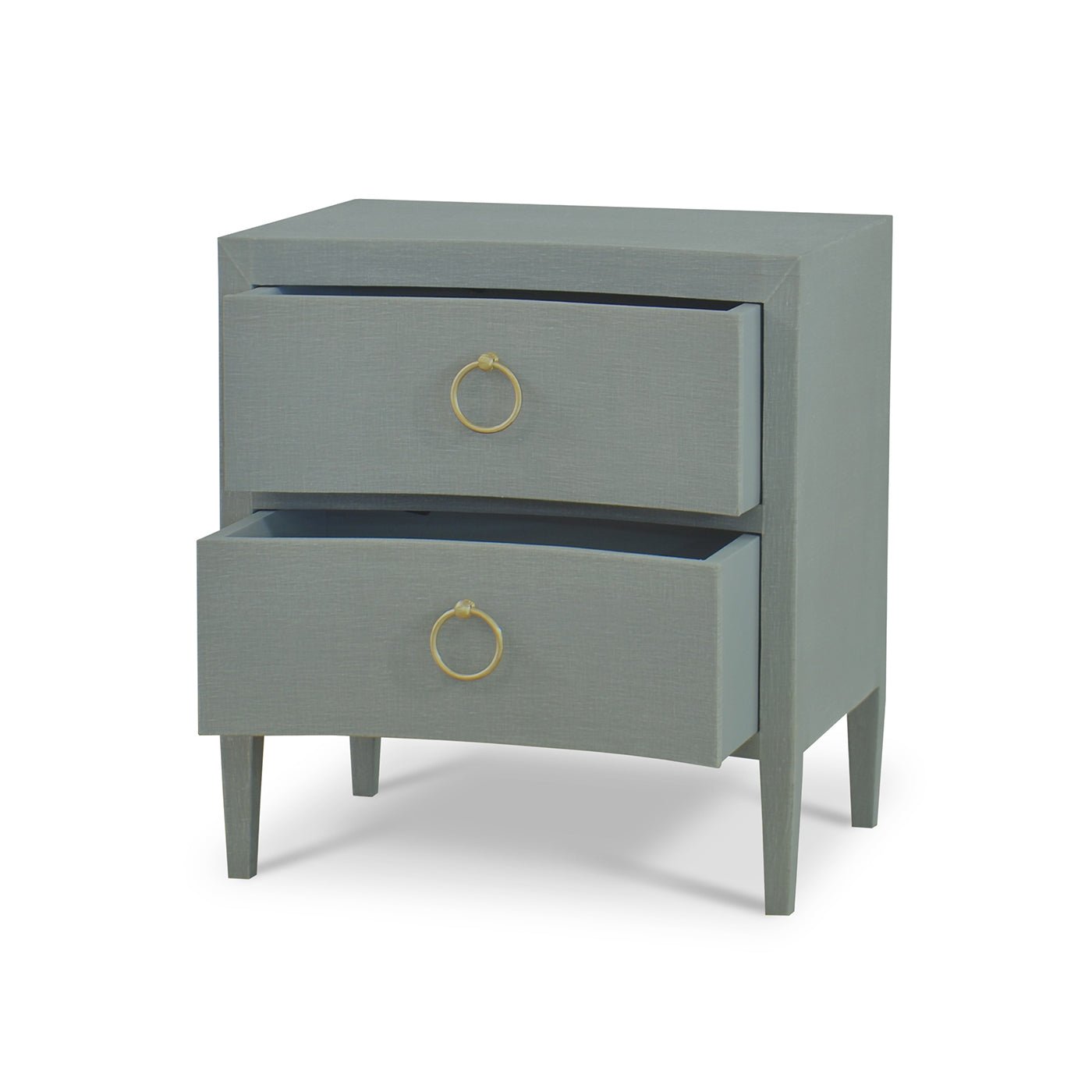 Pale blue nightstand with open drawers, angled view.