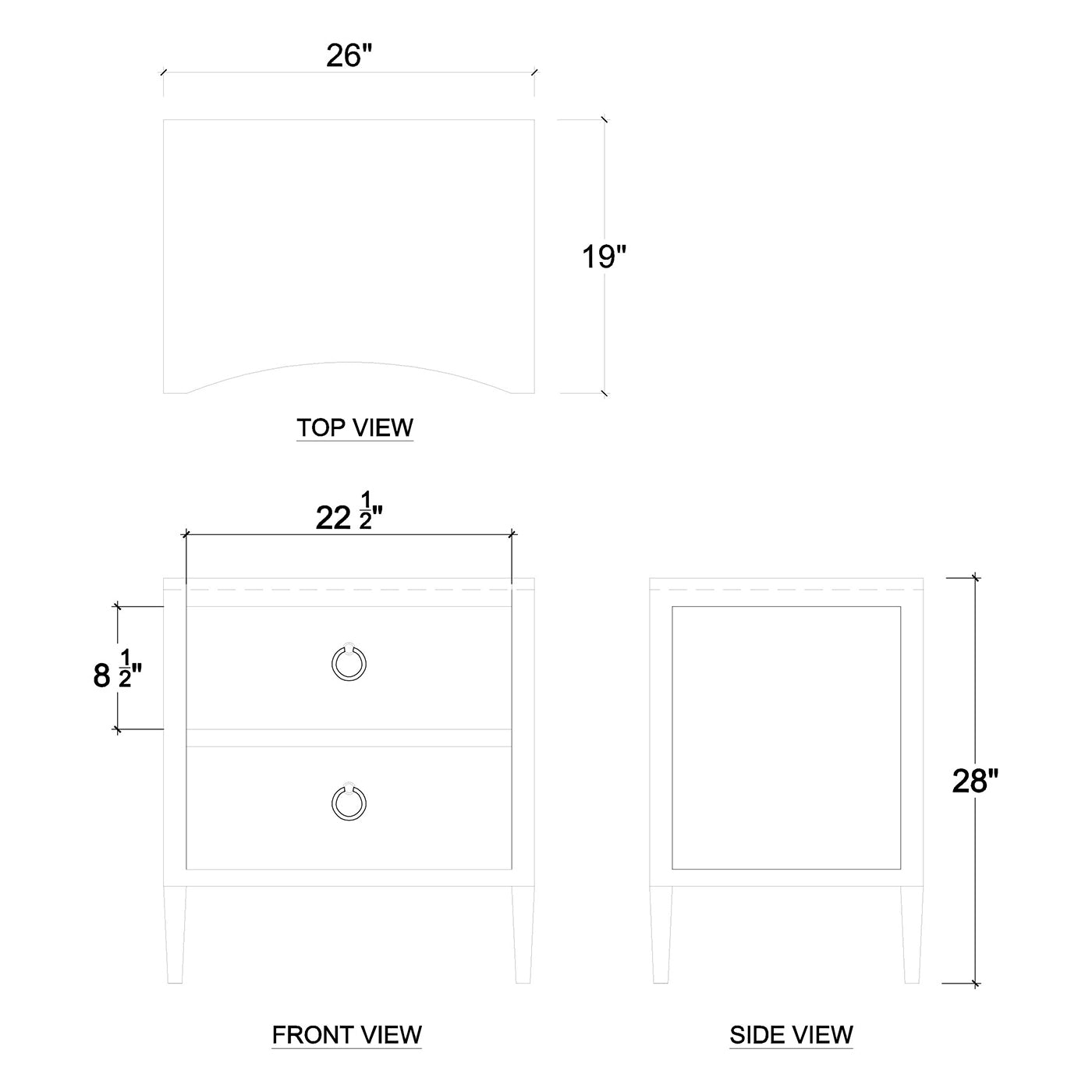 Dimensions diagram of modern nightstand with measurements.