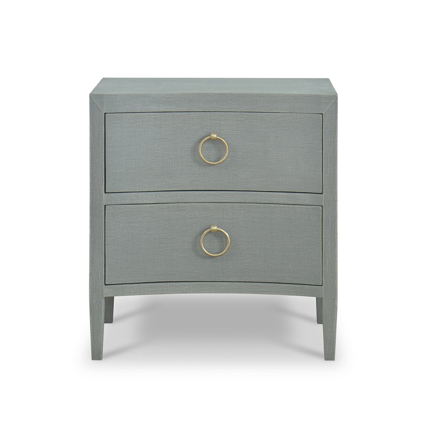 Pale blue nightstand front view, gold handles visible.