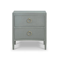 Pale blue nightstand front view, gold handles visible.