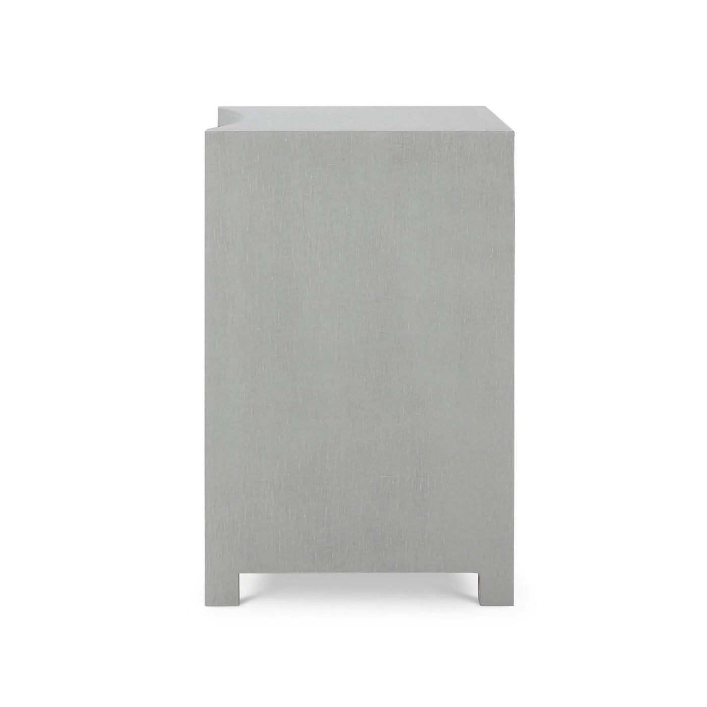 Side view pale blue linen nightstand.