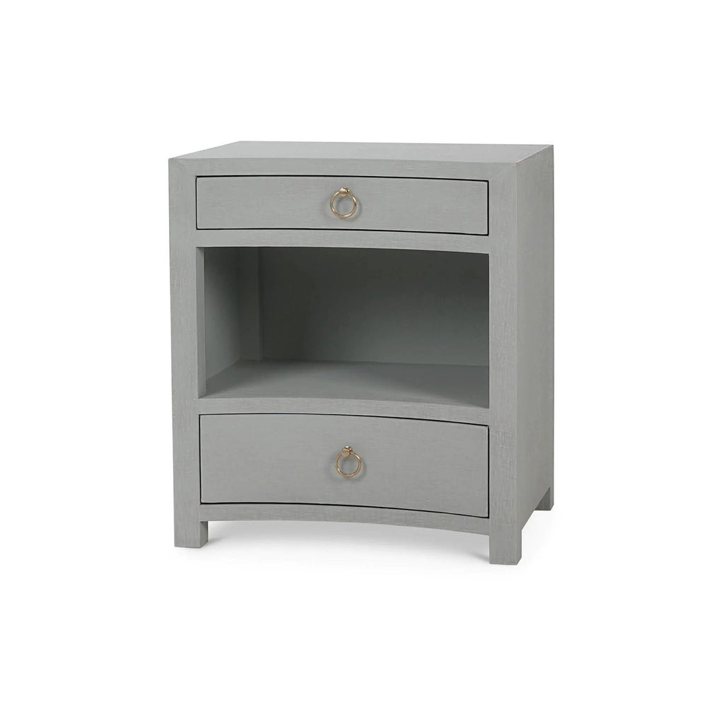 Pale blue linen nightstand angled view.