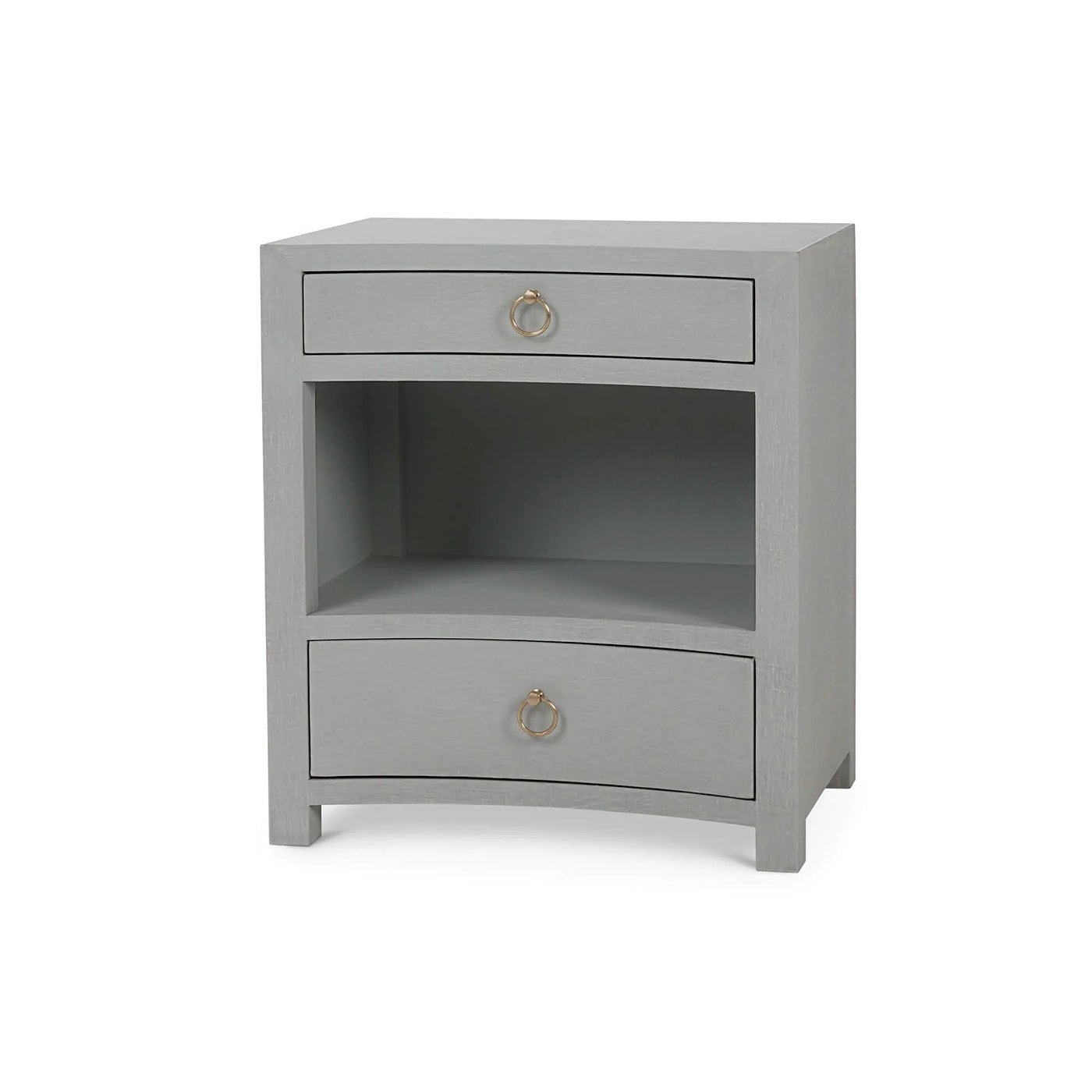 Pale blue linen nightstand angled view.