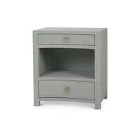 Pale blue linen nightstand angled view.