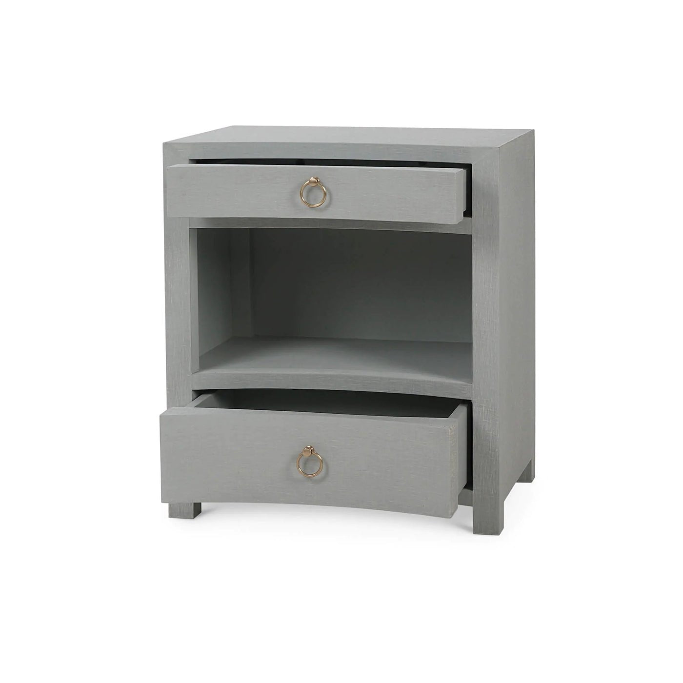 Open drawers pale blue linen nightstand.