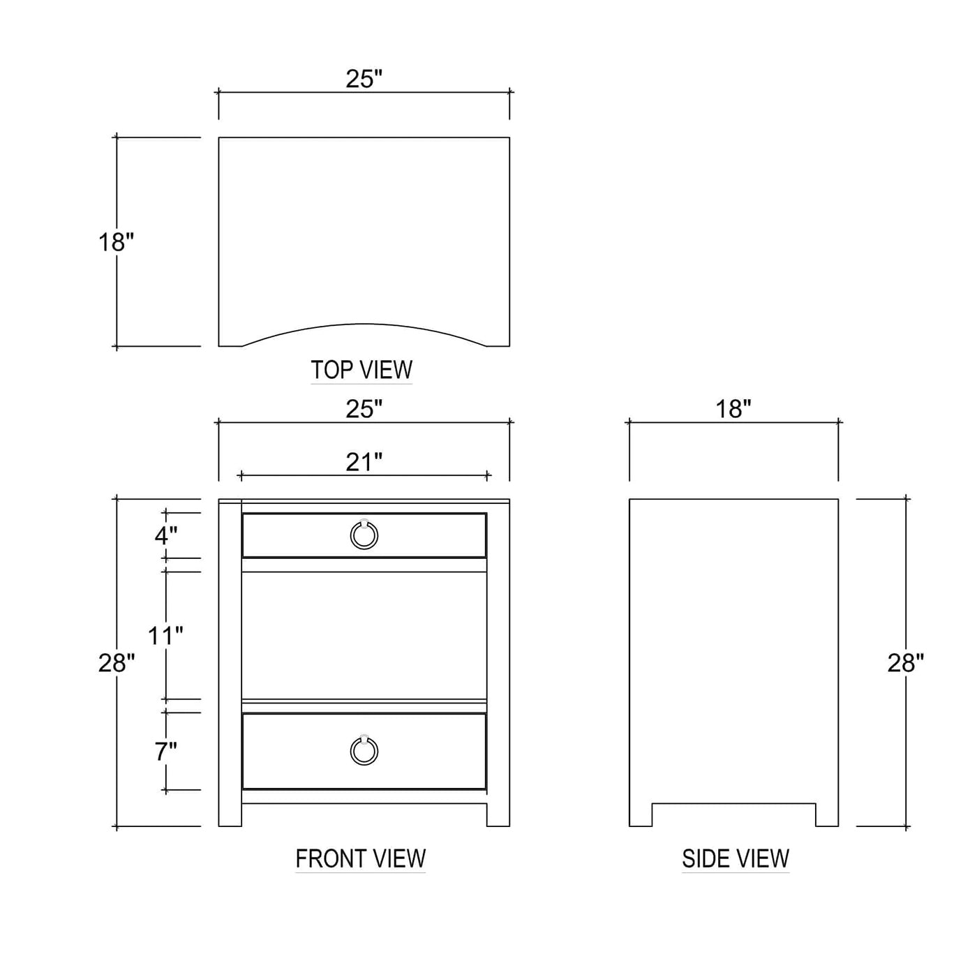 Dimensions diagram pale blue linen nightstand.