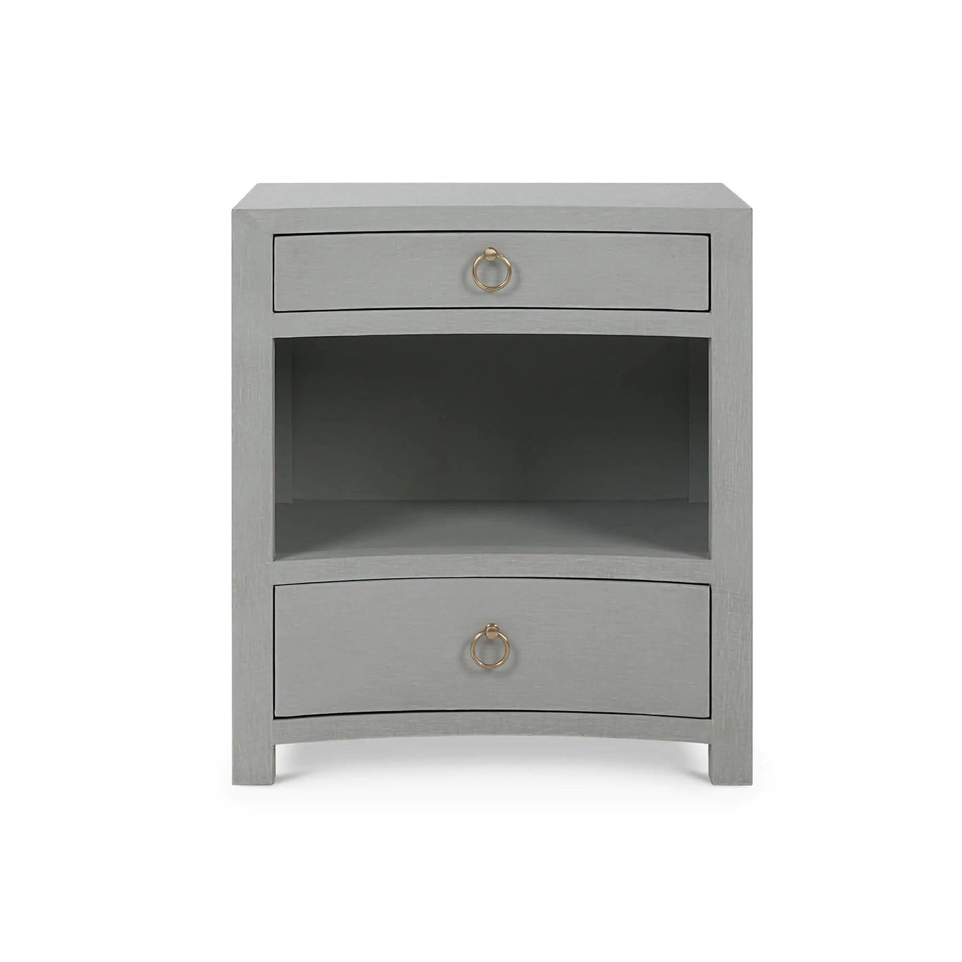 Front view pale blue linen nightstand.