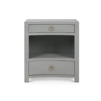 Front view pale blue linen nightstand.