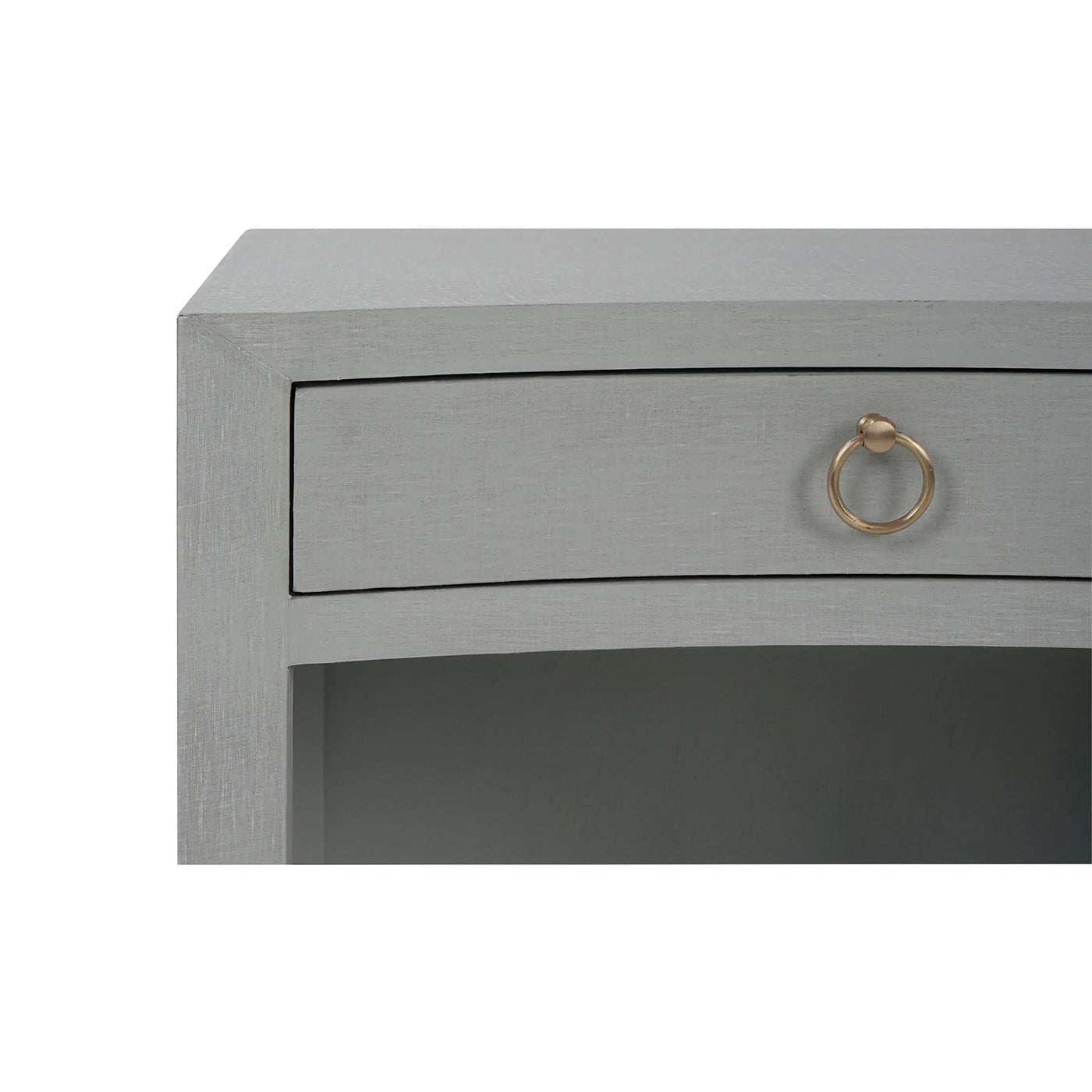 Close-up top drawer pale blue nightstand.