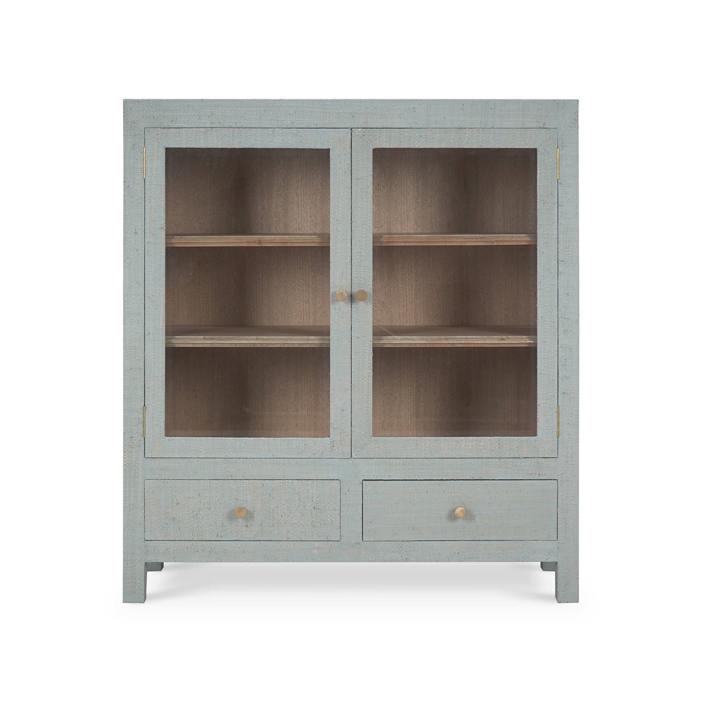 Front view of pale blue modern china cabinet.