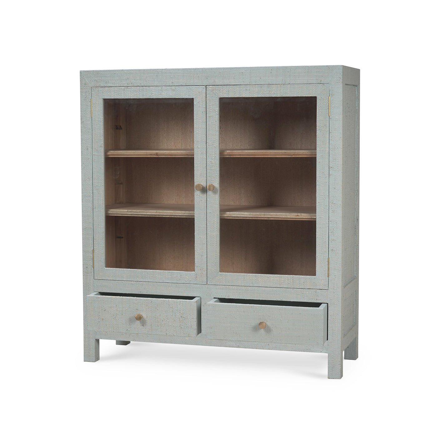 China cabinet with open drawers, pale blue finish.