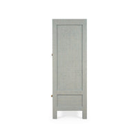 Side view of pale blue modern china cabinet.