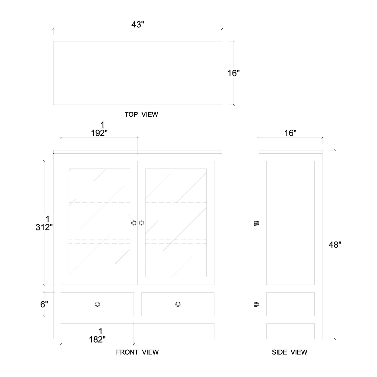Dimensions diagram for pale blue modern china cabinet.