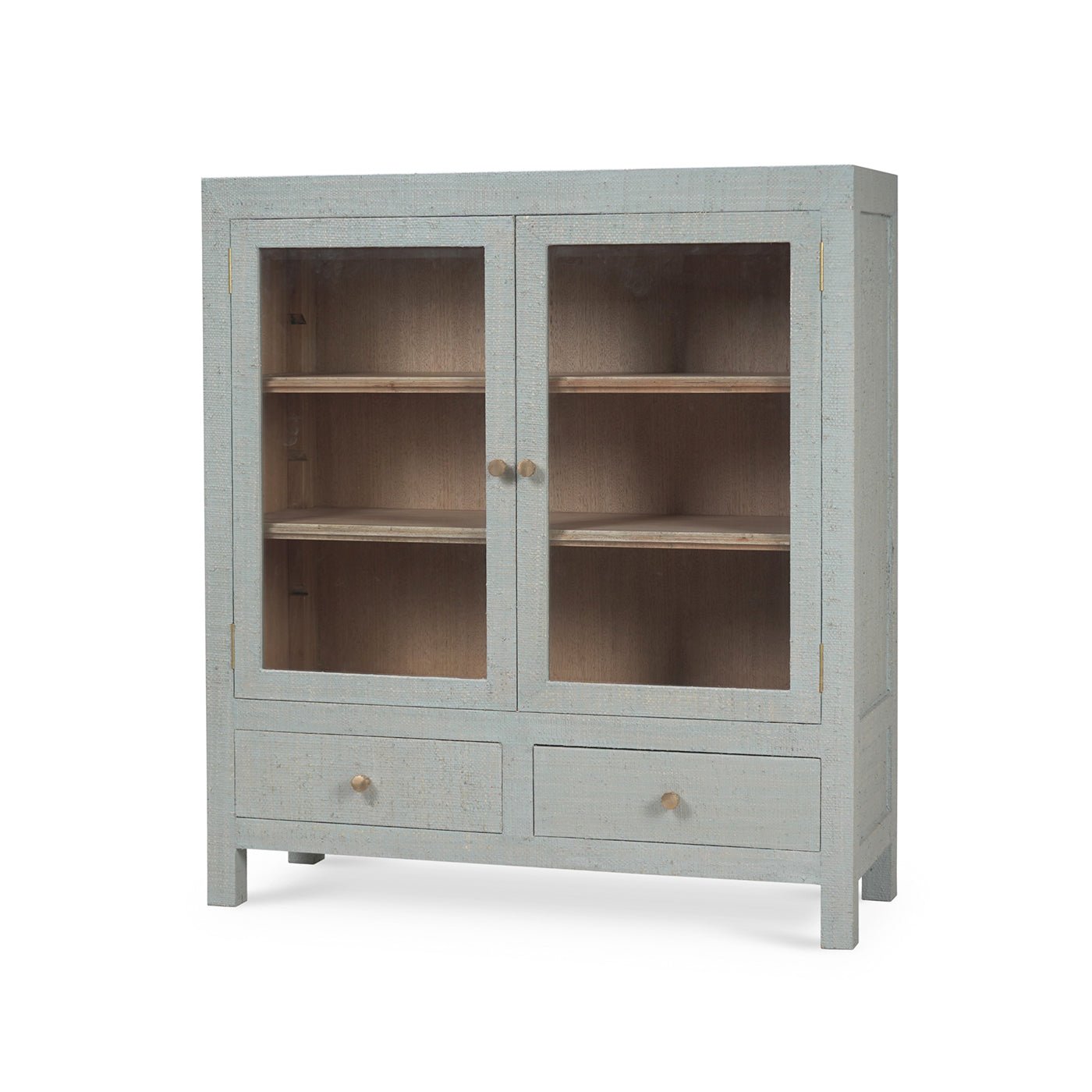 Pale blue china cabinet angled view with glass doors.
