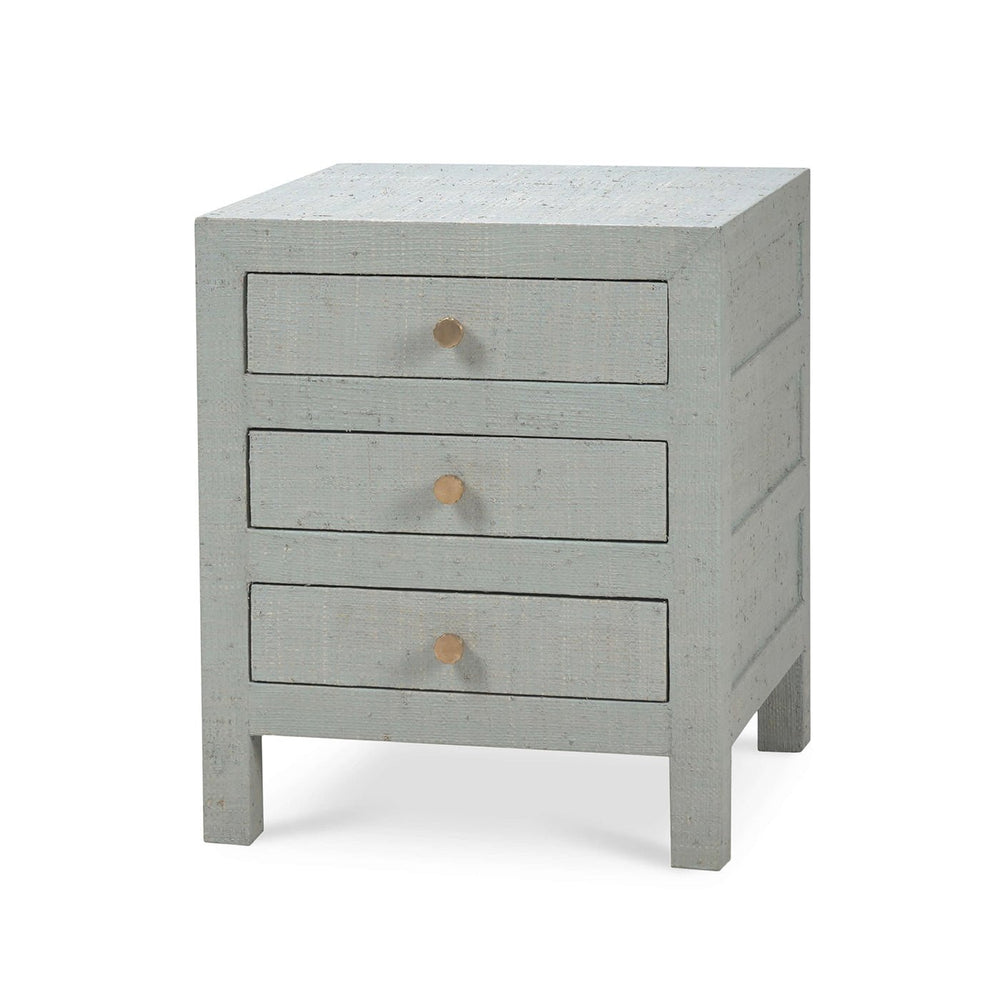 Pale blue bedside table, angled view, three drawers.