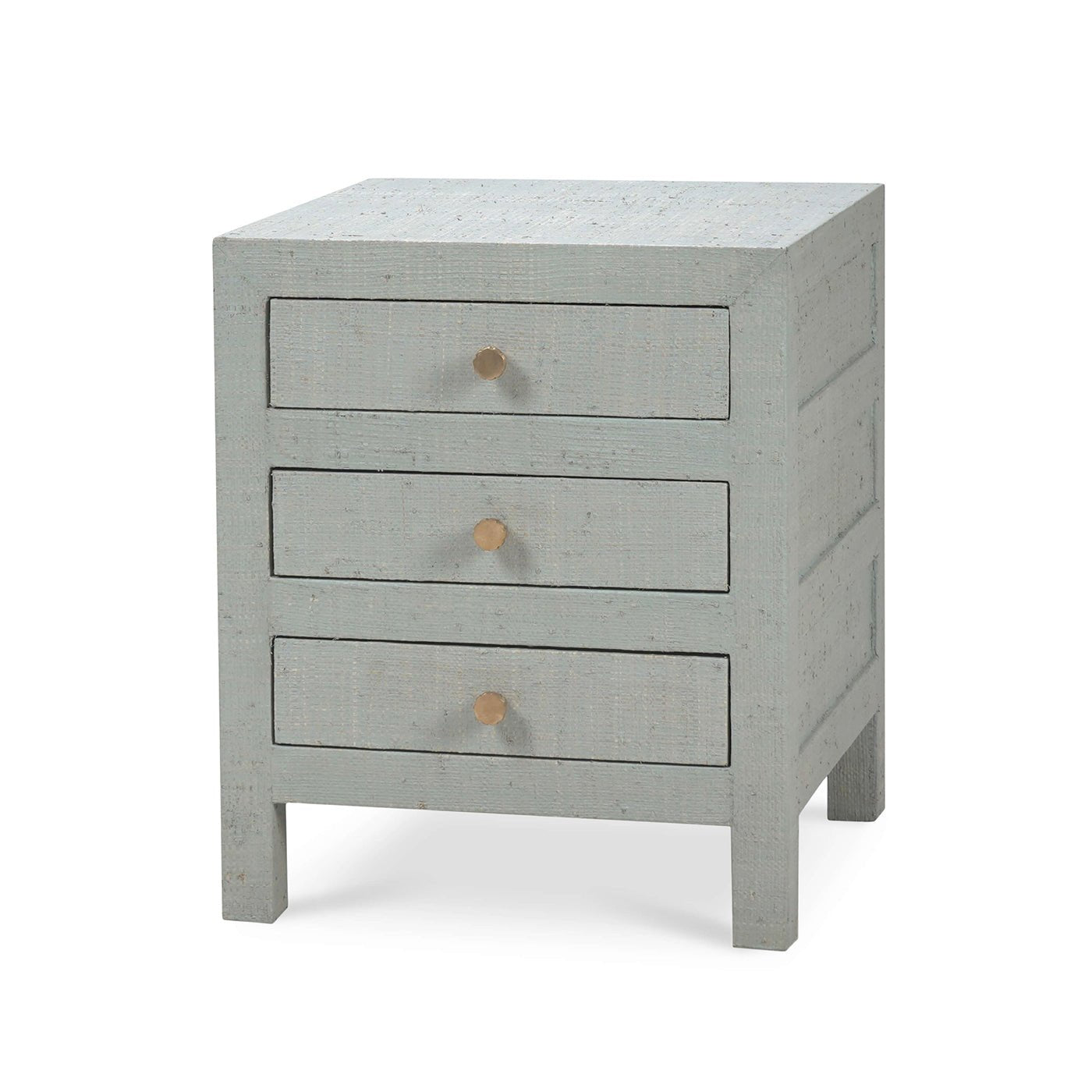 Pale blue bedside table, angled view, three drawers.