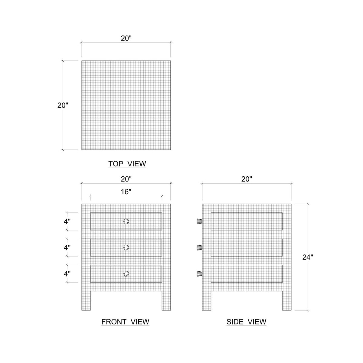 Dimensions diagram for pale blue bedside table, measurements shown.