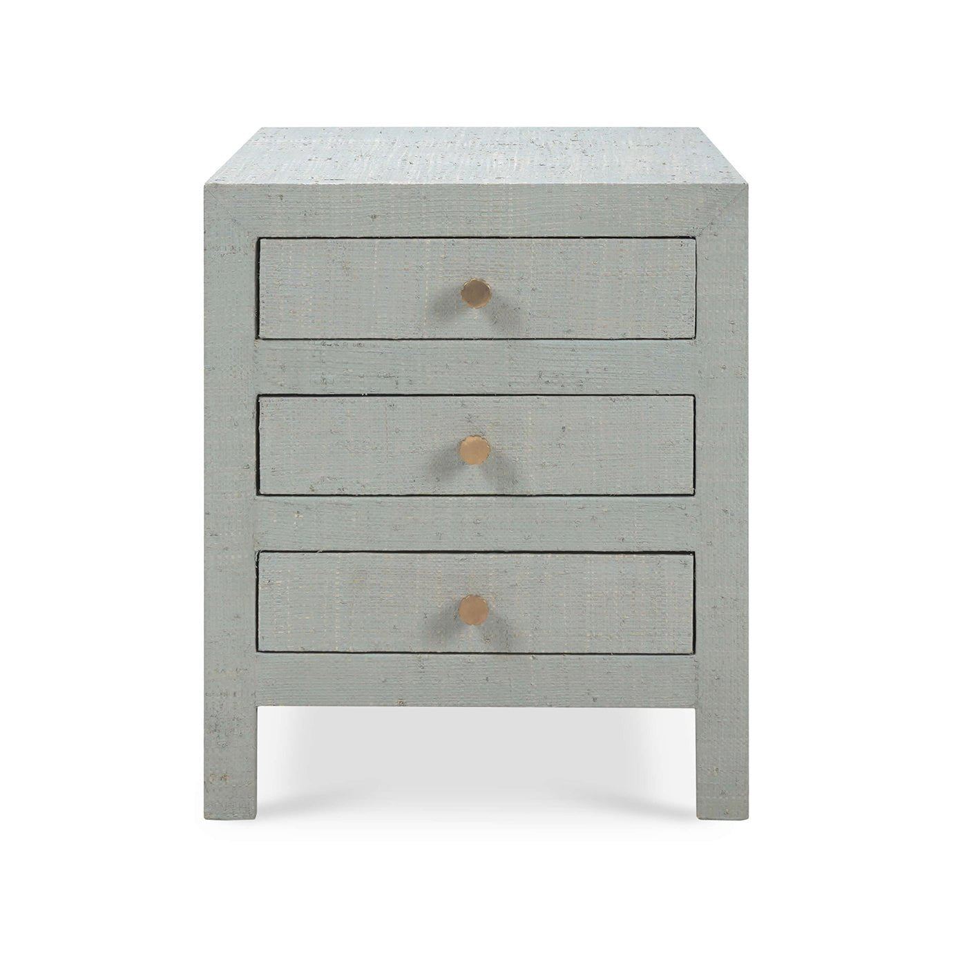 Front view of pale blue bedside table, closed drawers.