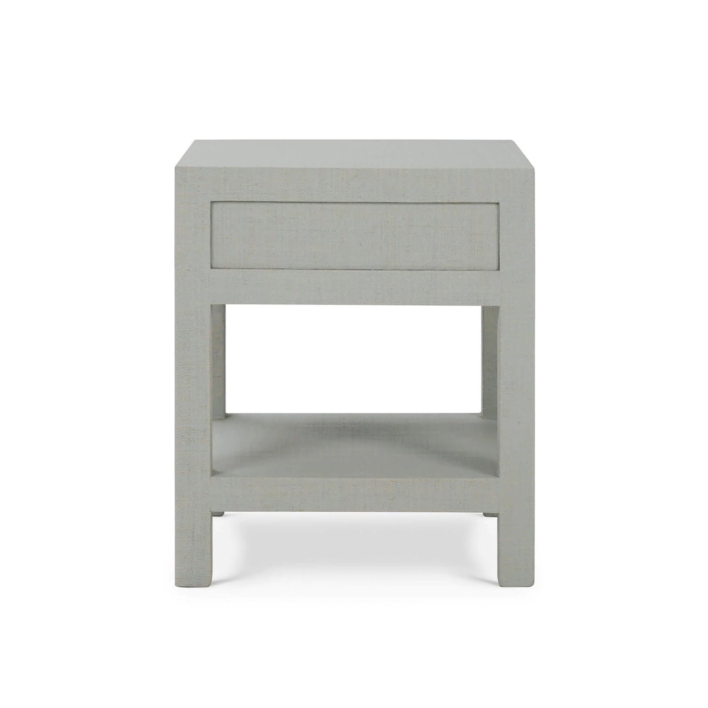 Side view of pale blue raffia nightstand.