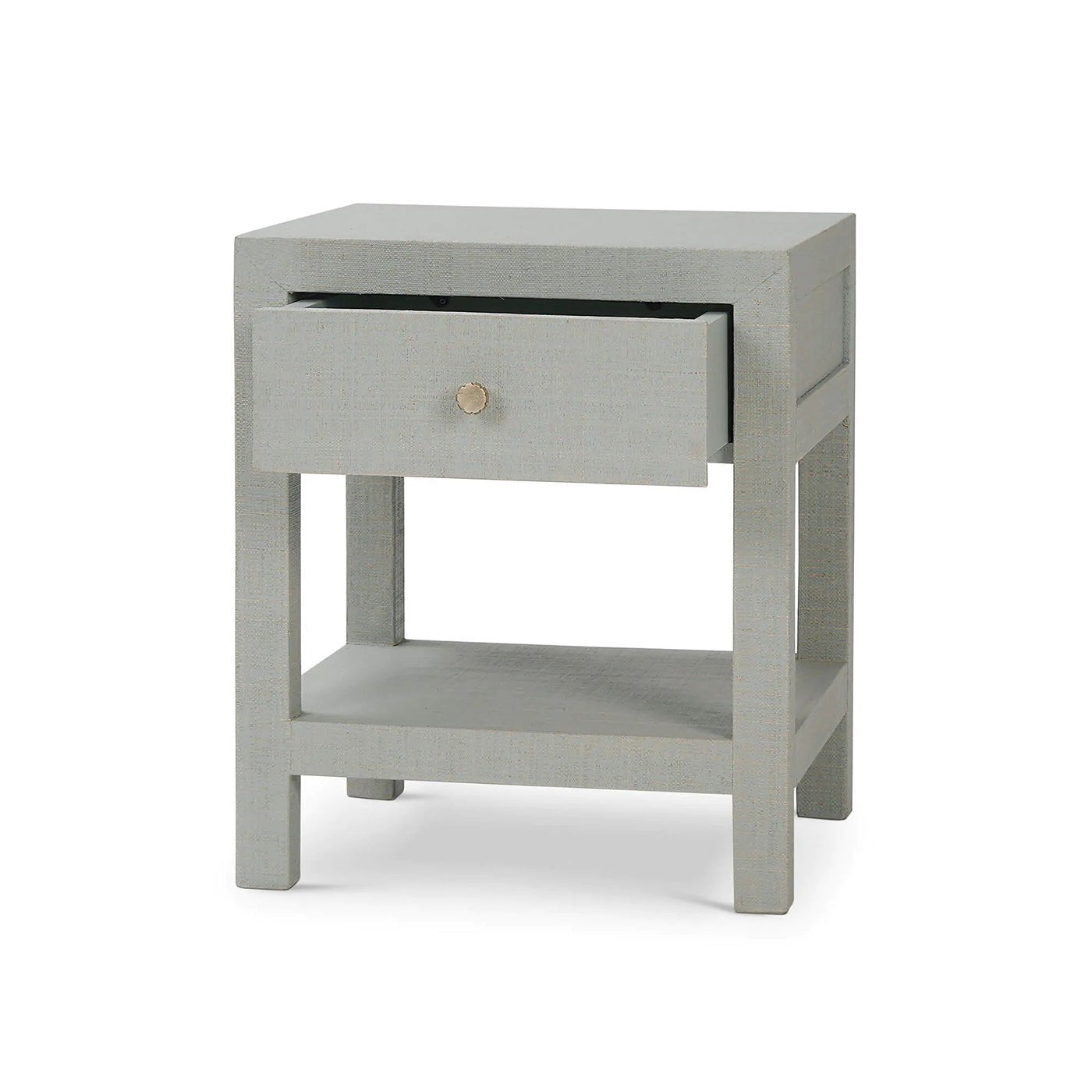 Raffia nightstand with partially open drawer.