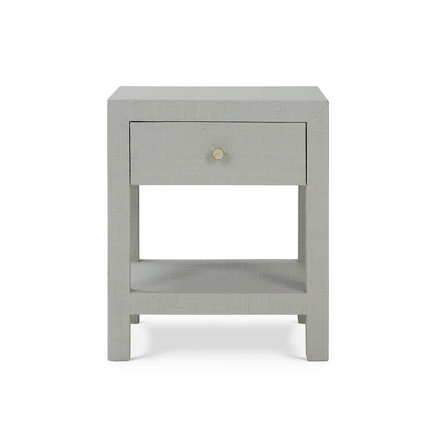 Front view of pale blue raffia nightstand.