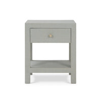 Front view of pale blue raffia nightstand.