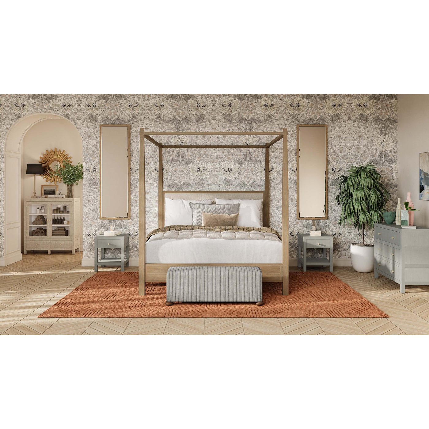 Bedroom decor featuring two raffia nightstands.