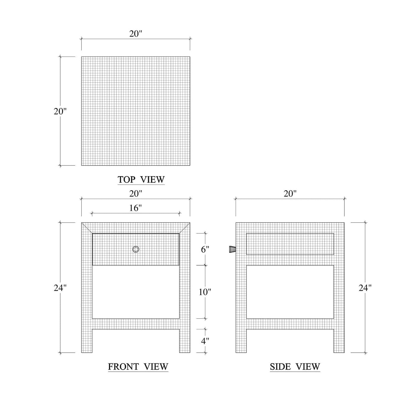 Dimensions illustration of raffia nightstand.