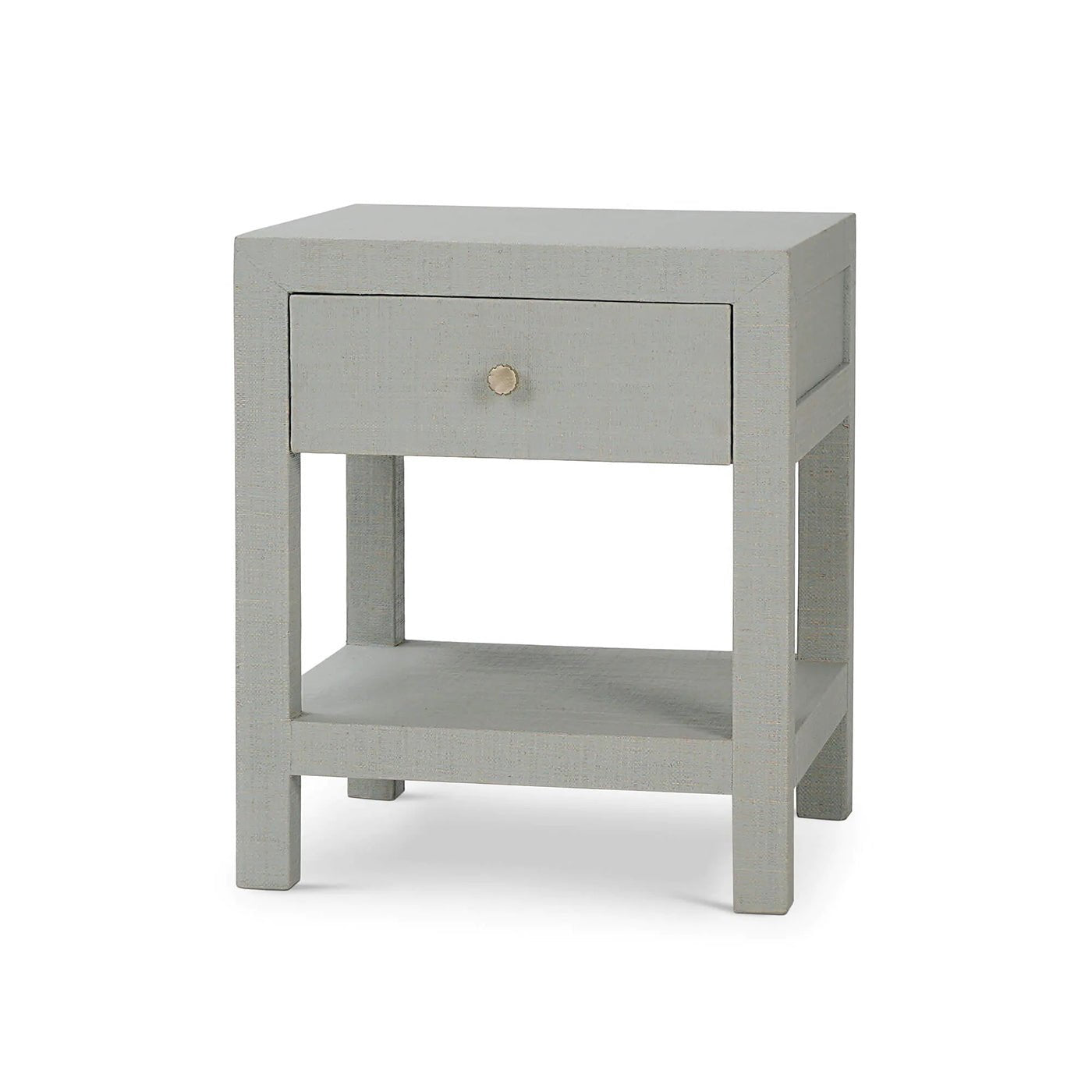 Pale blue raffia nightstand with closed drawer.