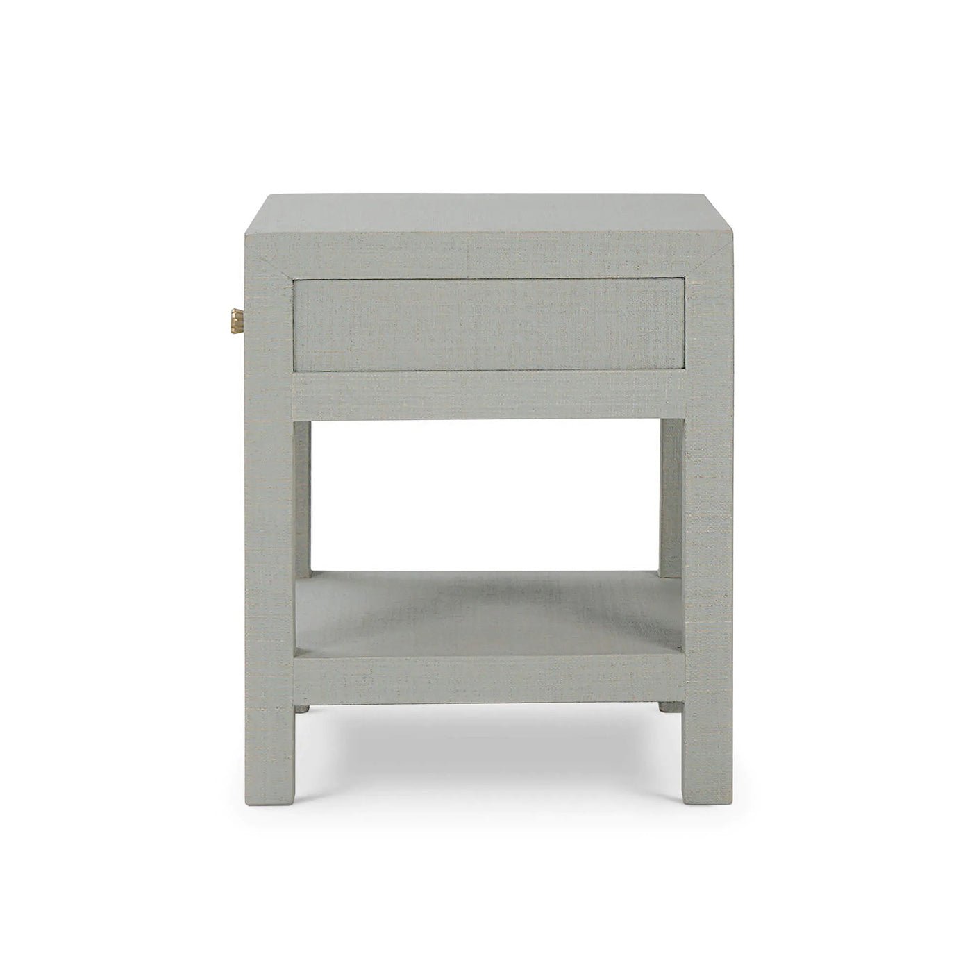 Back view of pale blue raffia nightstand.