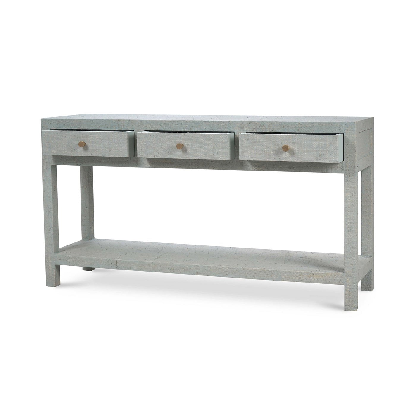 Three-drawer pale blue console table, side angle.