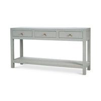 Pale blue console table, three drawers, front angle.