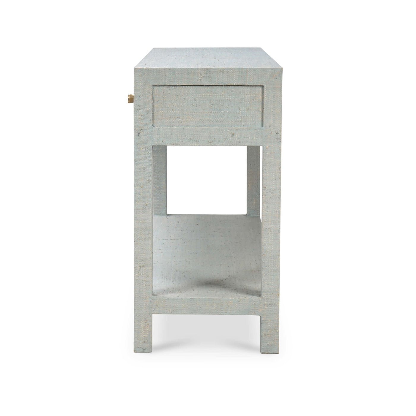 Side view of pale blue console table.