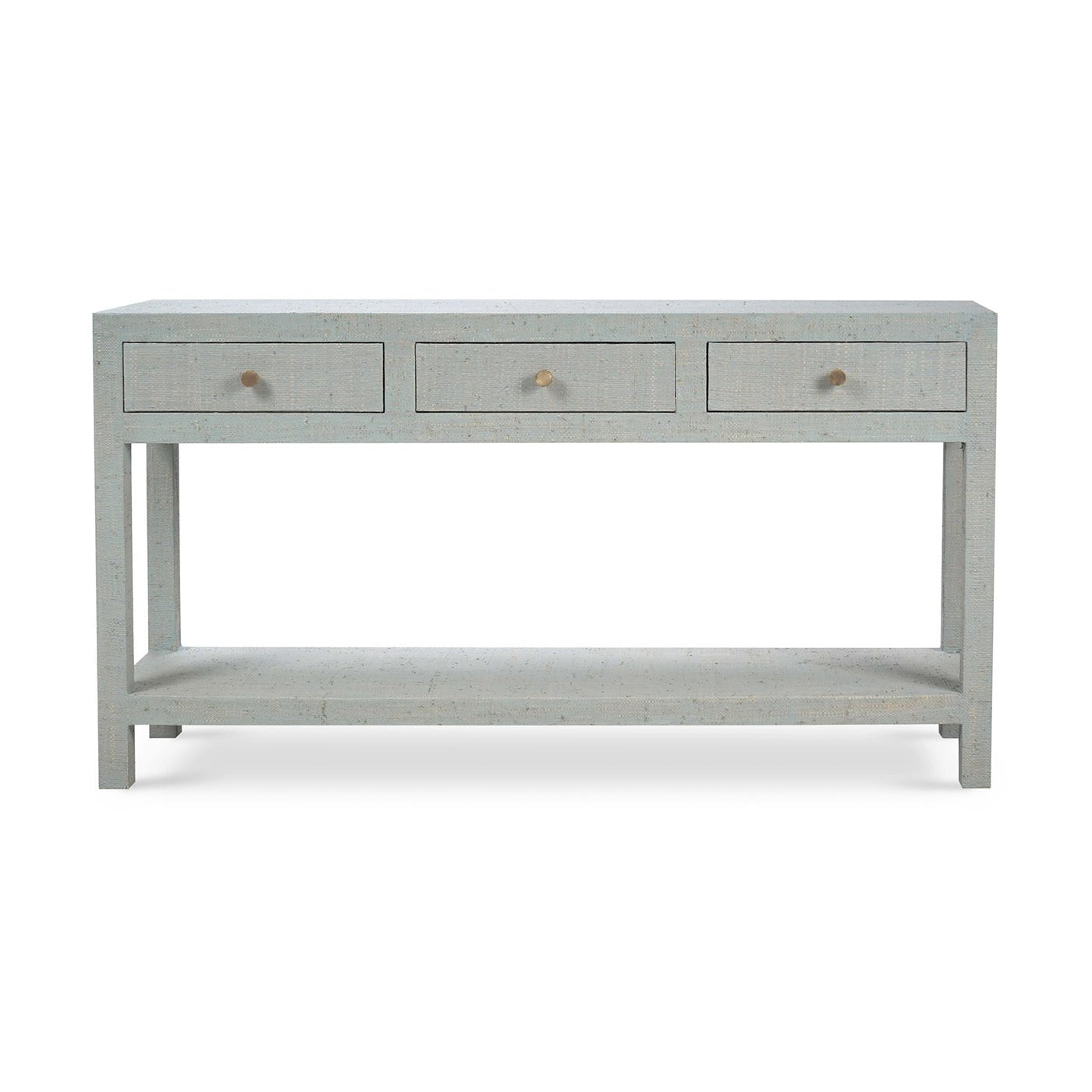 Front view of pale blue console table, drawers closed.