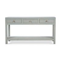 Front view of pale blue console table, drawers closed.