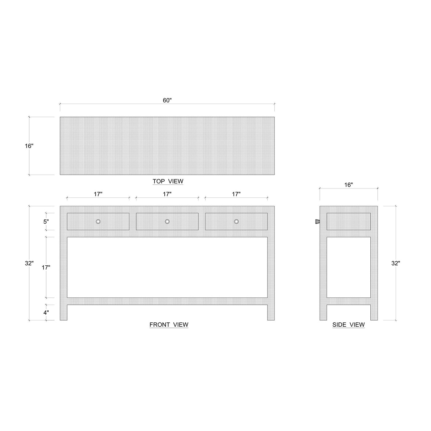 Dimensions diagram of pale blue console table, three-drawer.