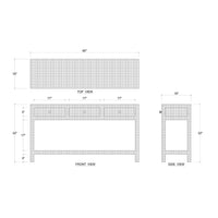 Dimensions diagram of pale blue console table, three-drawer.