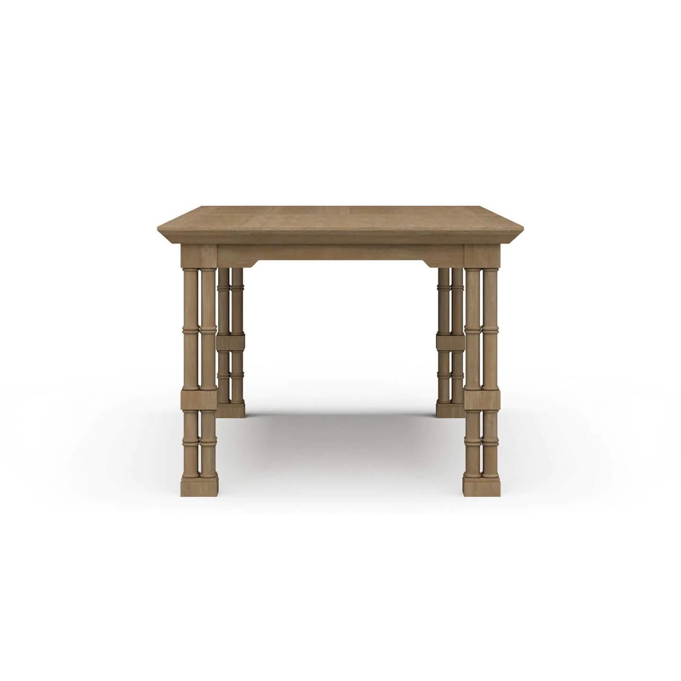 Wooden dining table side view, showcasing detailed legs.