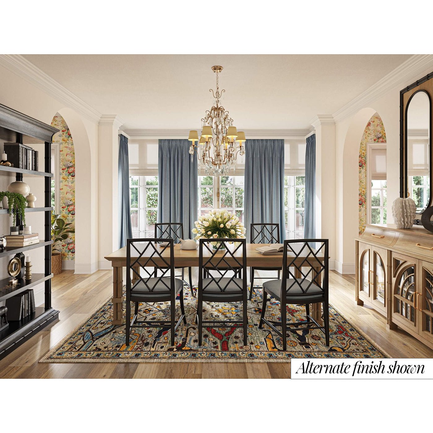 Dining room setup with classic dining table and chairs.