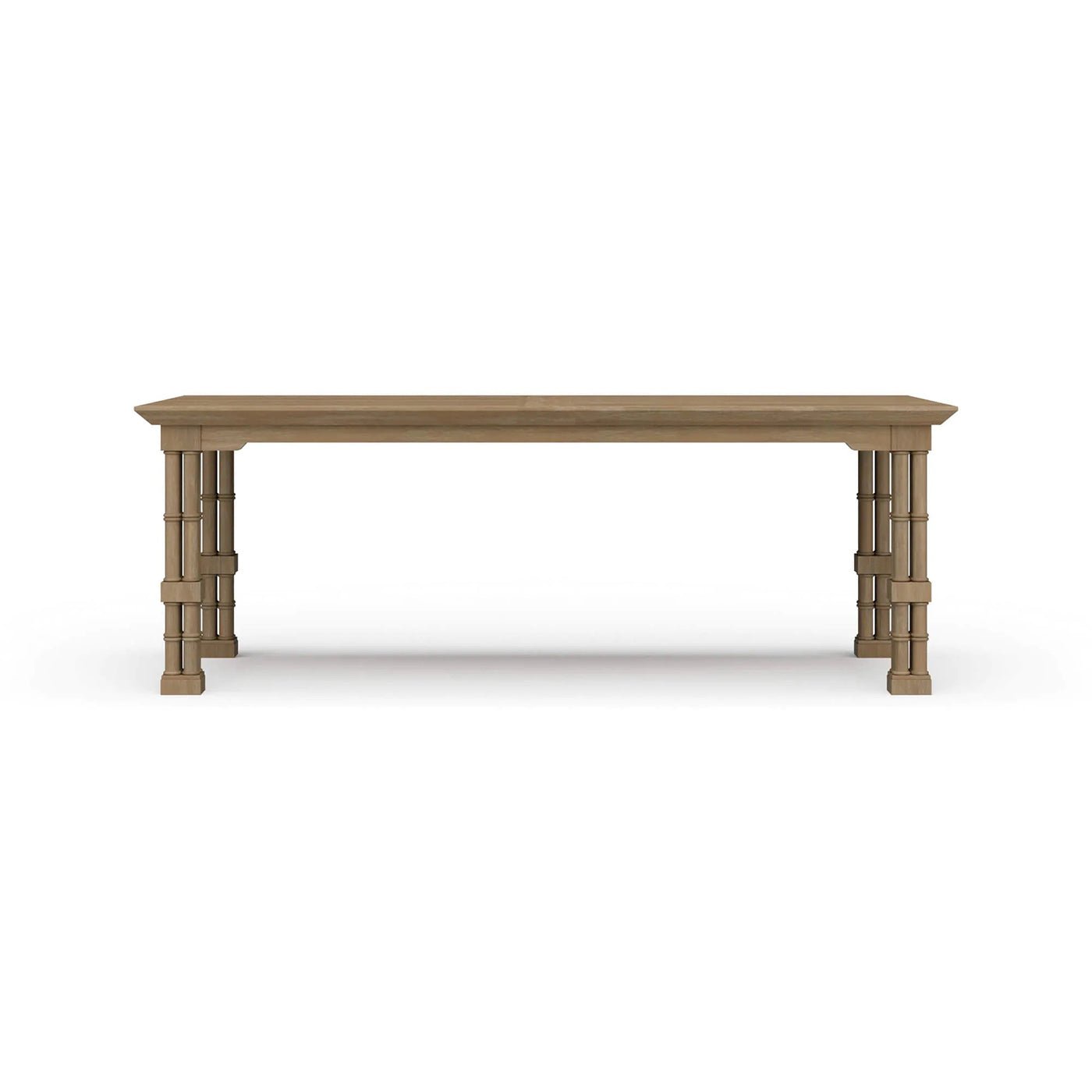 Wooden dining table front view, decorative legs visible.