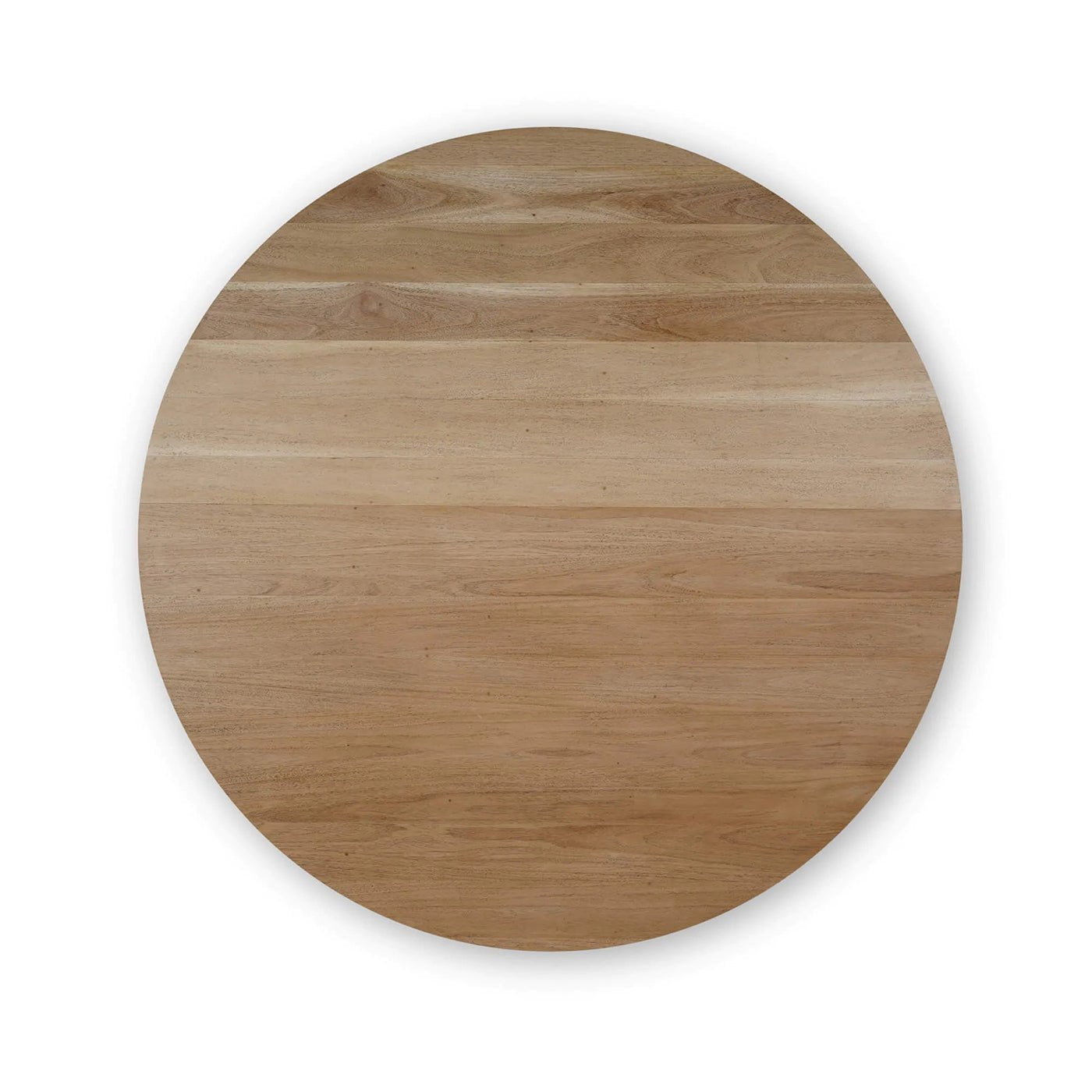 Top view of round wooden dining table surface.