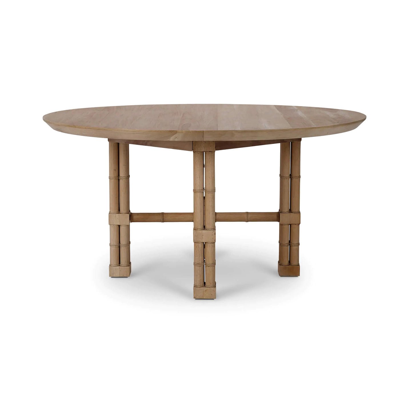 Alternate side view of round wood dining table.