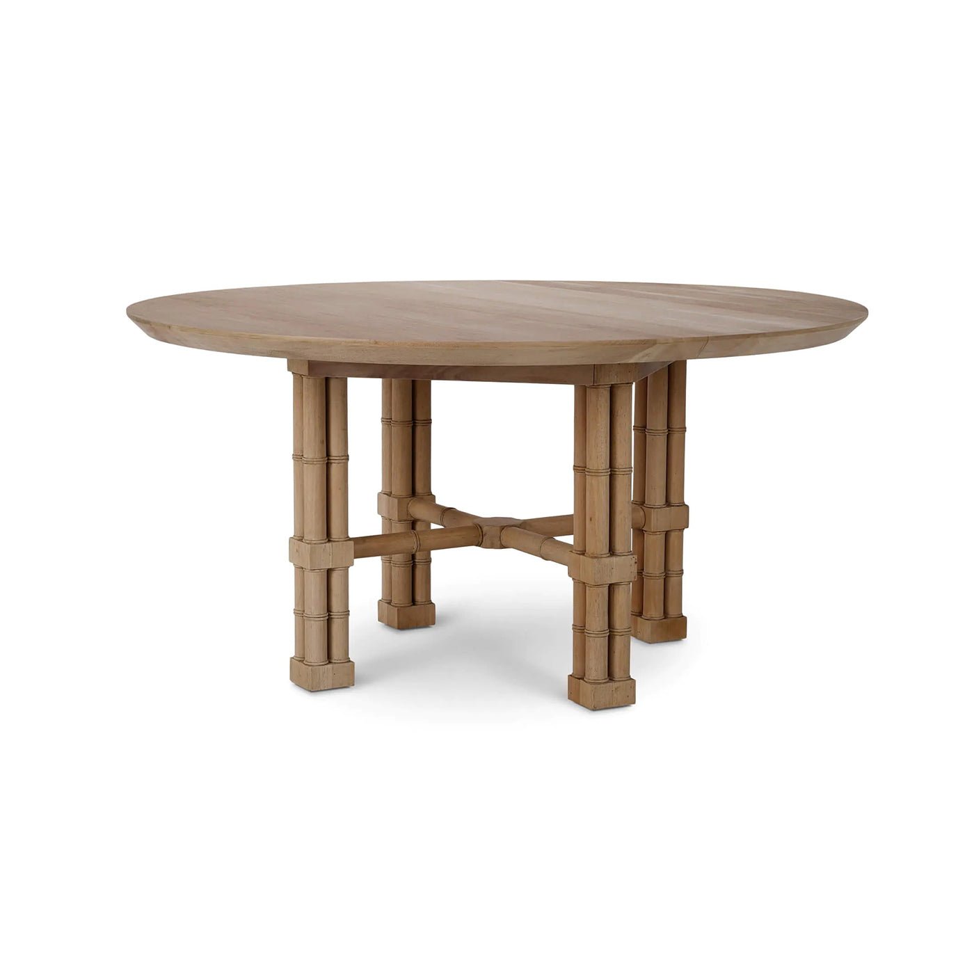 Round dining table with bamboo-inspired legs, front view.