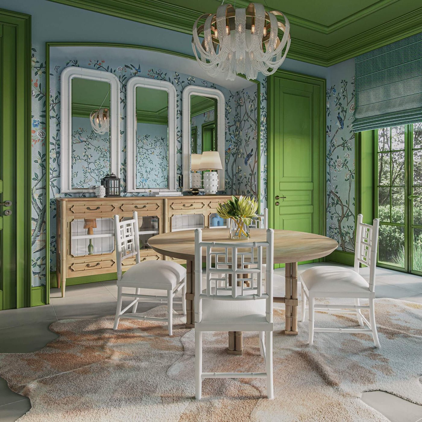 Round dining table in elegant dining room setup.