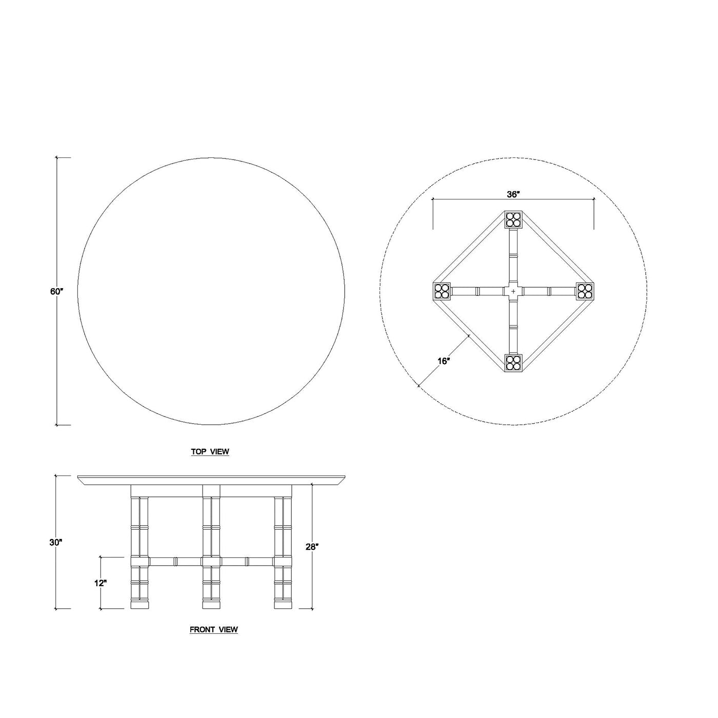 Technical drawing of dimensions for round dining table.