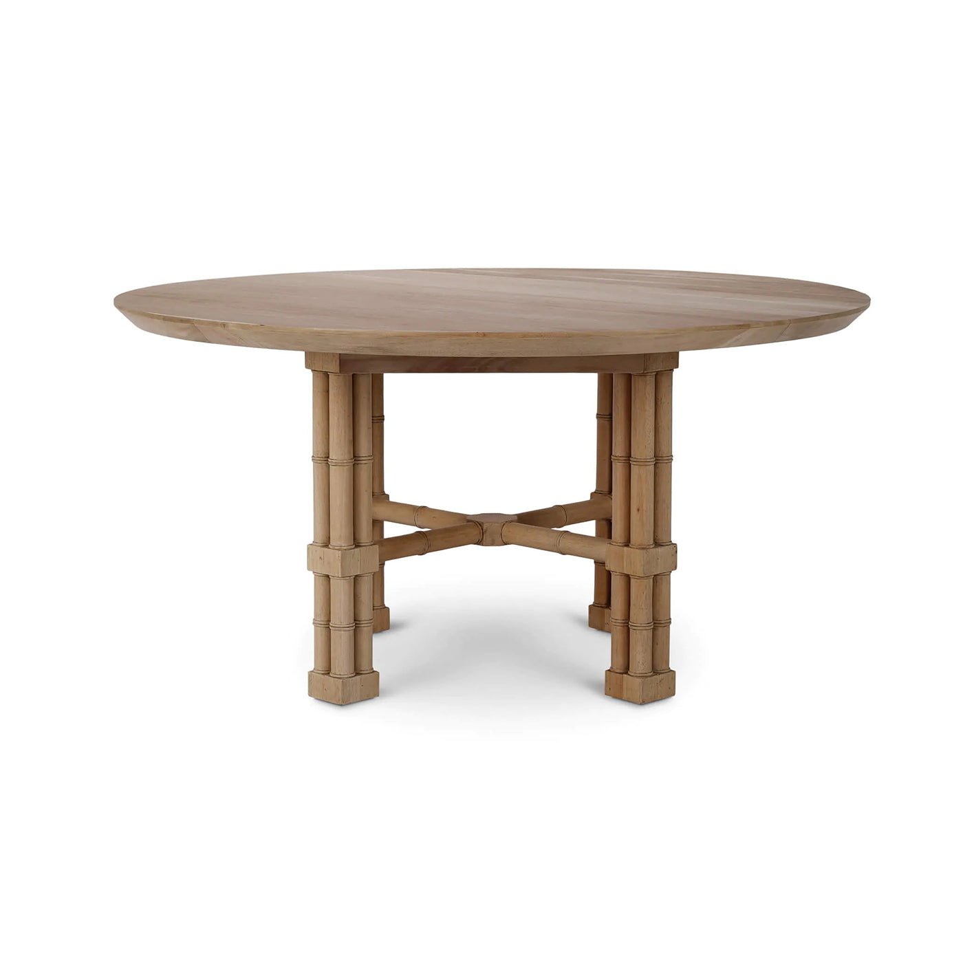 Side view of round dining table with wood finish.