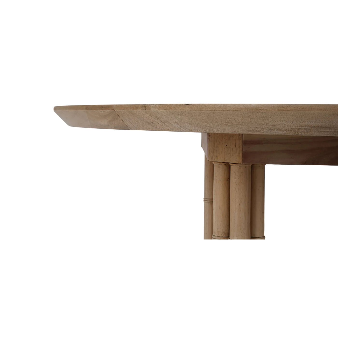 Close-up edge view of round dining table top.