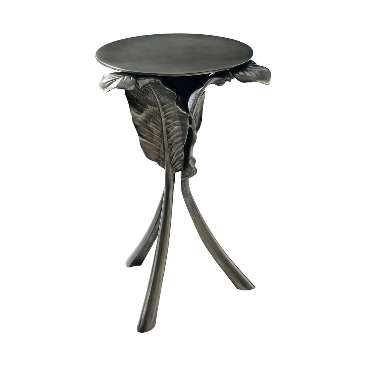 Artistic leaf-themed accent table with tripod legs.