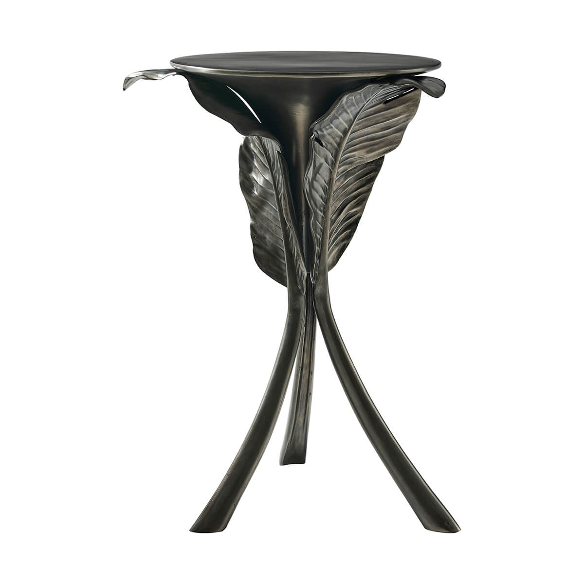 Side view of tripod accent table with leaf details.